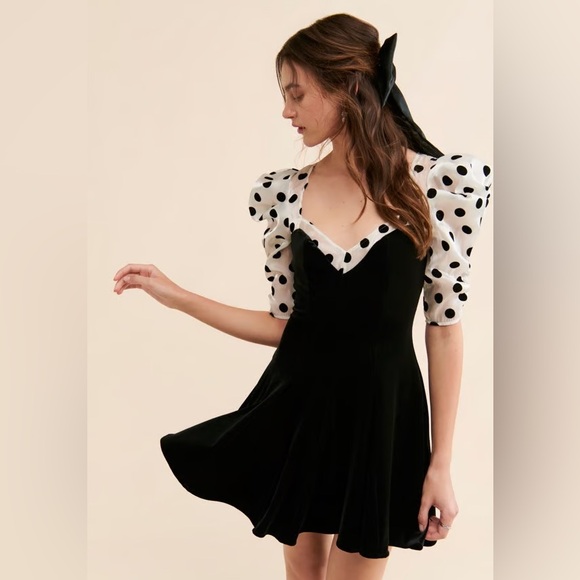 For Love And Lemons Dresses & Skirts - For Love & Lemons Dolly Black Velvet Polka Dot Tulle Puff Sleeve Mini Dress NWT